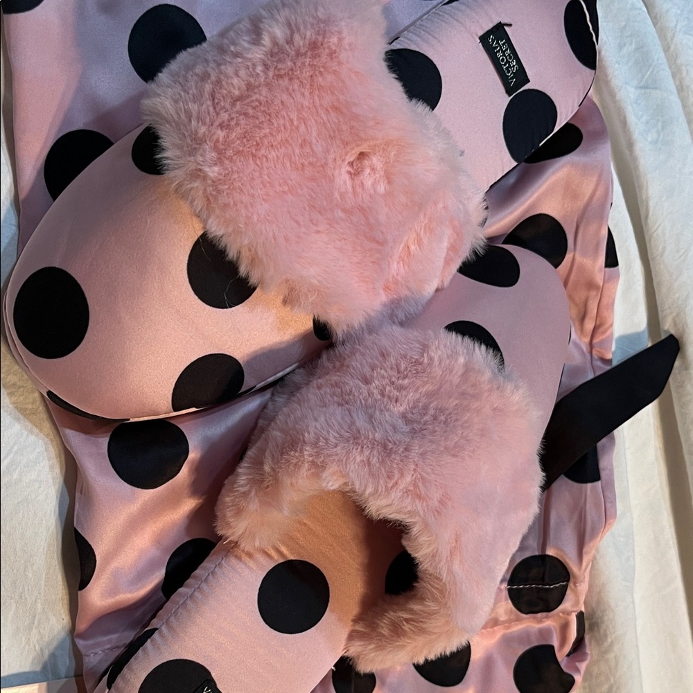 Victoria's Secret Pink and Black Polka Dot Slippers with Pajama Set